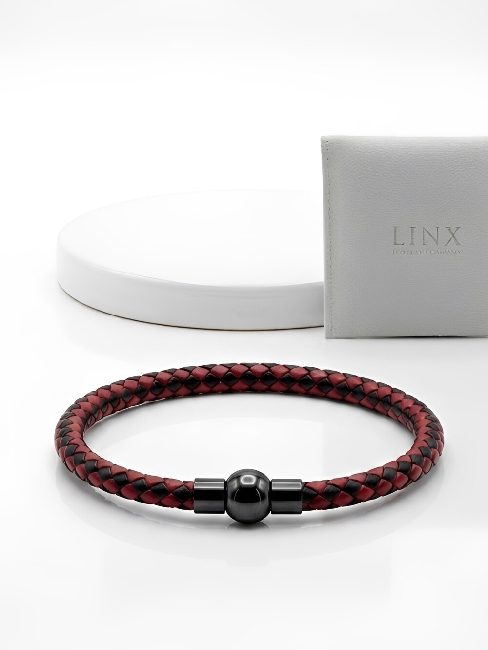 Linx Black/Red Leather Braided Cord Bracelet with Black Magnetic Clasp